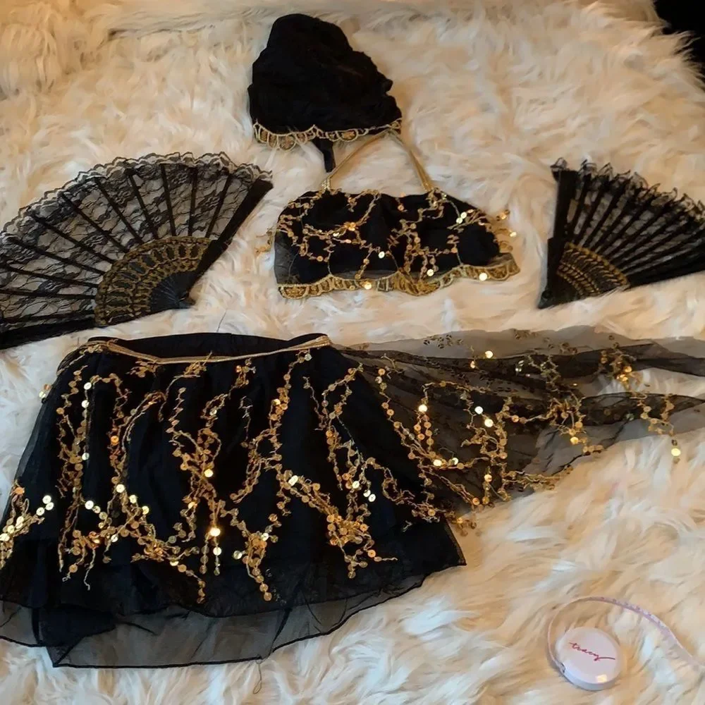 Belly Dance Spanish Arabian Style Black and Gold two piece Costume